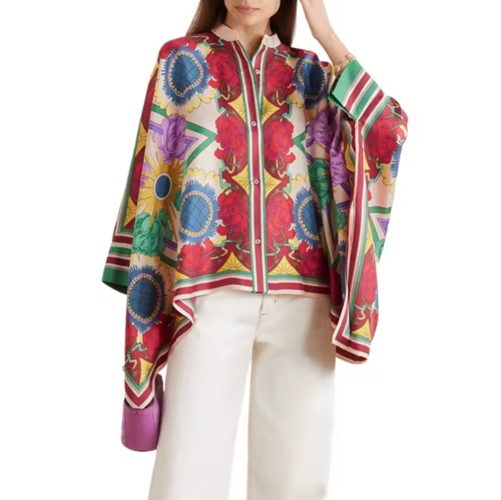 Flower PrintStand Collar Blouses Women Spring Summer High-lowButtoned Shirts T - Picture 1 of 5